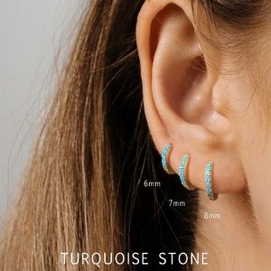14K Yellow Gold Turquoise Paved Huggie Hoop Earrings